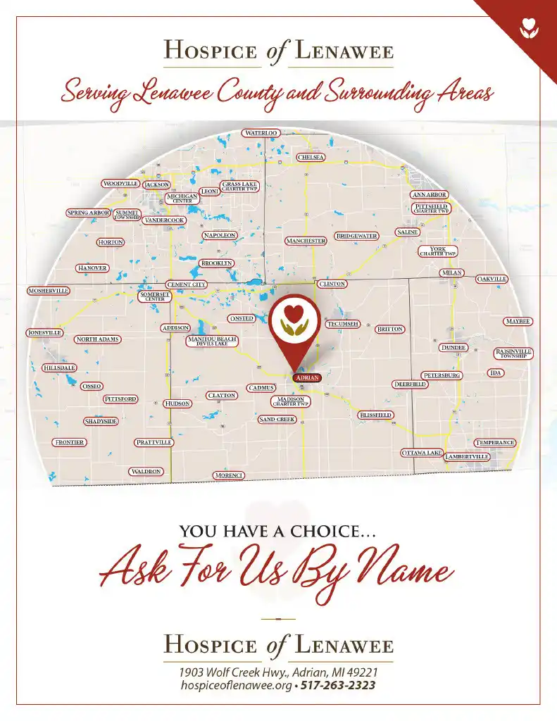 Hospice of Lenawee service area map covering Lenawee, Jackson, Hillsdale, Washtenaw, and Monroe counties