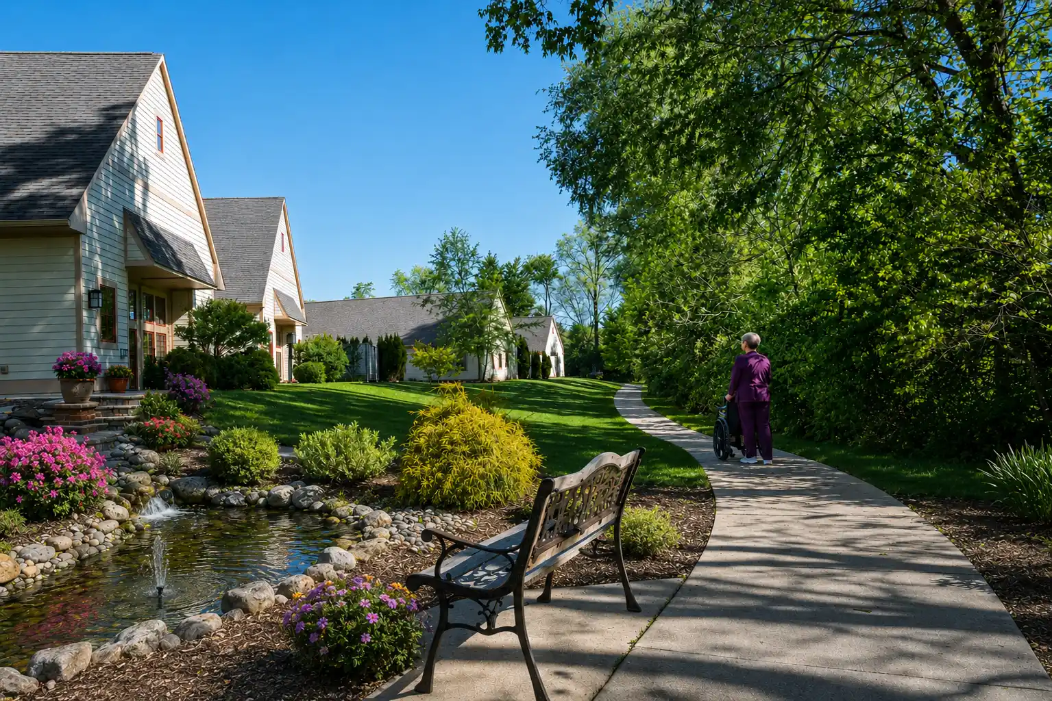 Caregiver accompanying a resident along the garden walkway at Jim Feeney Hospice Home